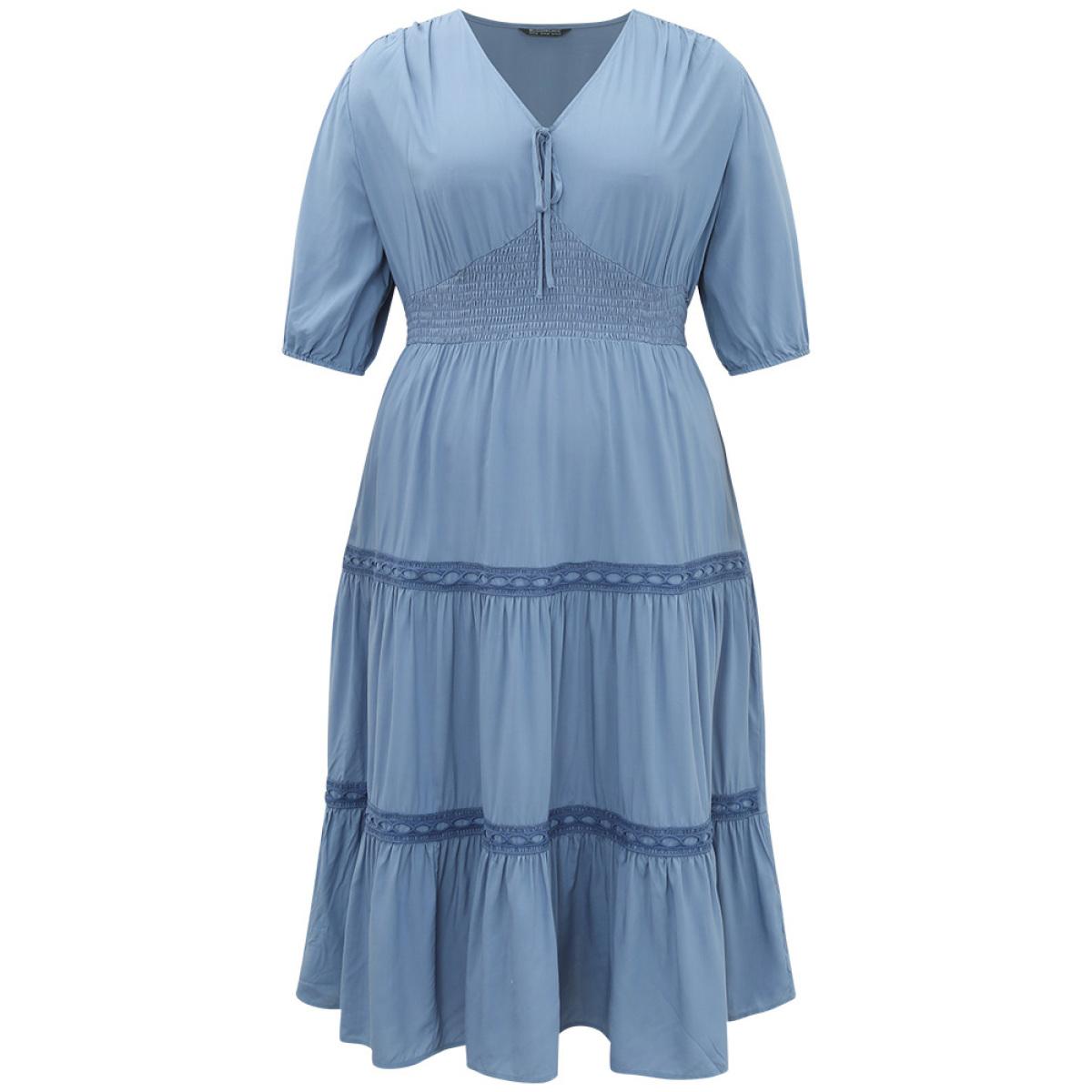 Plus Size Solid Shirred Stitch Layered Hem Ties Dress Stone Women Office Elastic cuffs Tie Neck Half Sleeve Curvy Midi Dress BloomChic 18-20/2X Product Image