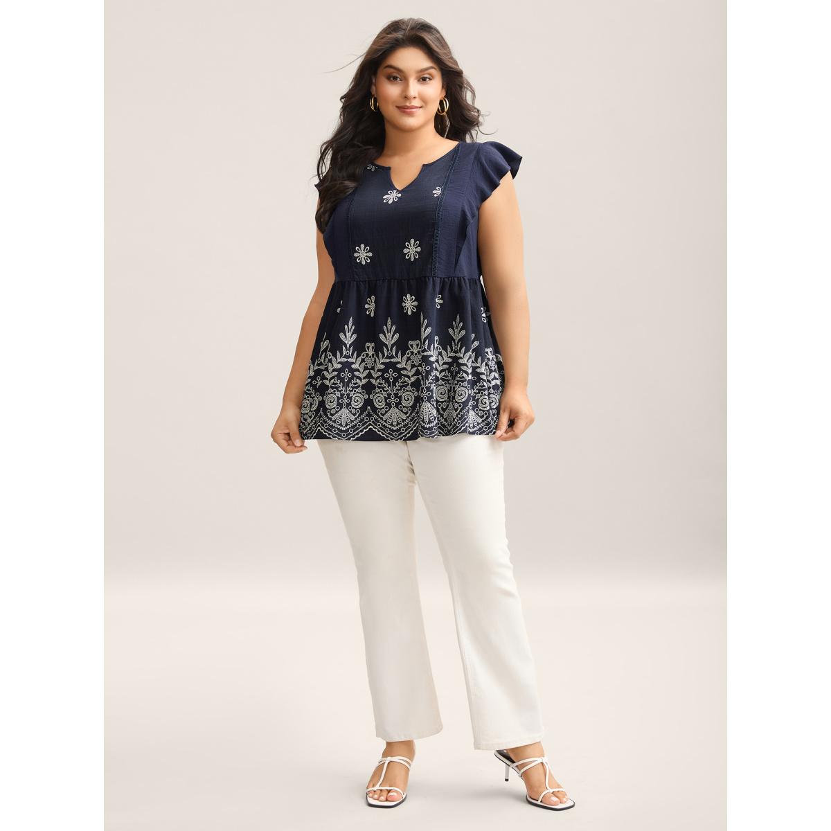 Plus Size Midnight Floral Boho Print Ruffled Plain Blouse Women Boho Cap Sleeve Round Neck Vacation Blouses BloomChic 22-24/3X Product Image