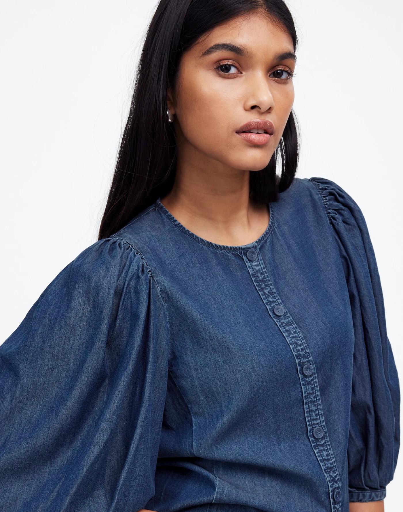 Denim Puff-Sleeve Button-Up Top Product Image