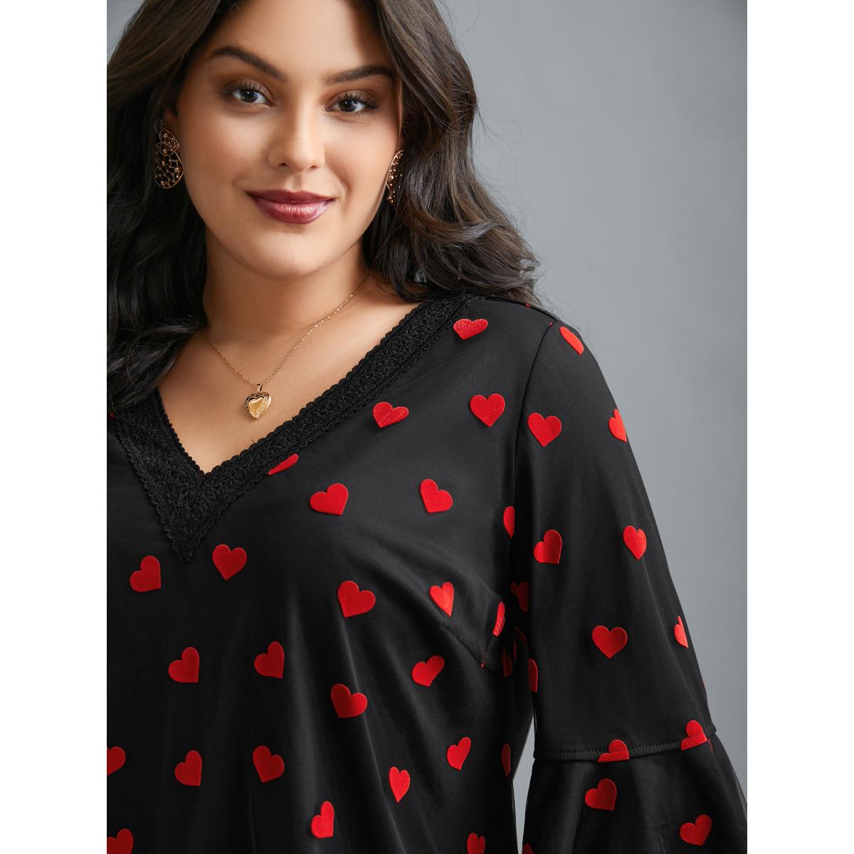 Plus Size Black V-Neck Hearts Mesh Lace Detailing Blouse Women Elegant Elbow-length sleeve V-neck Everyday Blouses BloomChic 14-16/1X Product Image