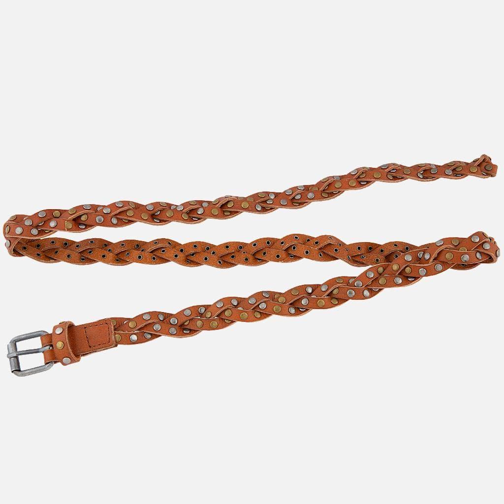Amara | Silver Buckle Studded Braided Leather Belt Women: Taupe Product Image