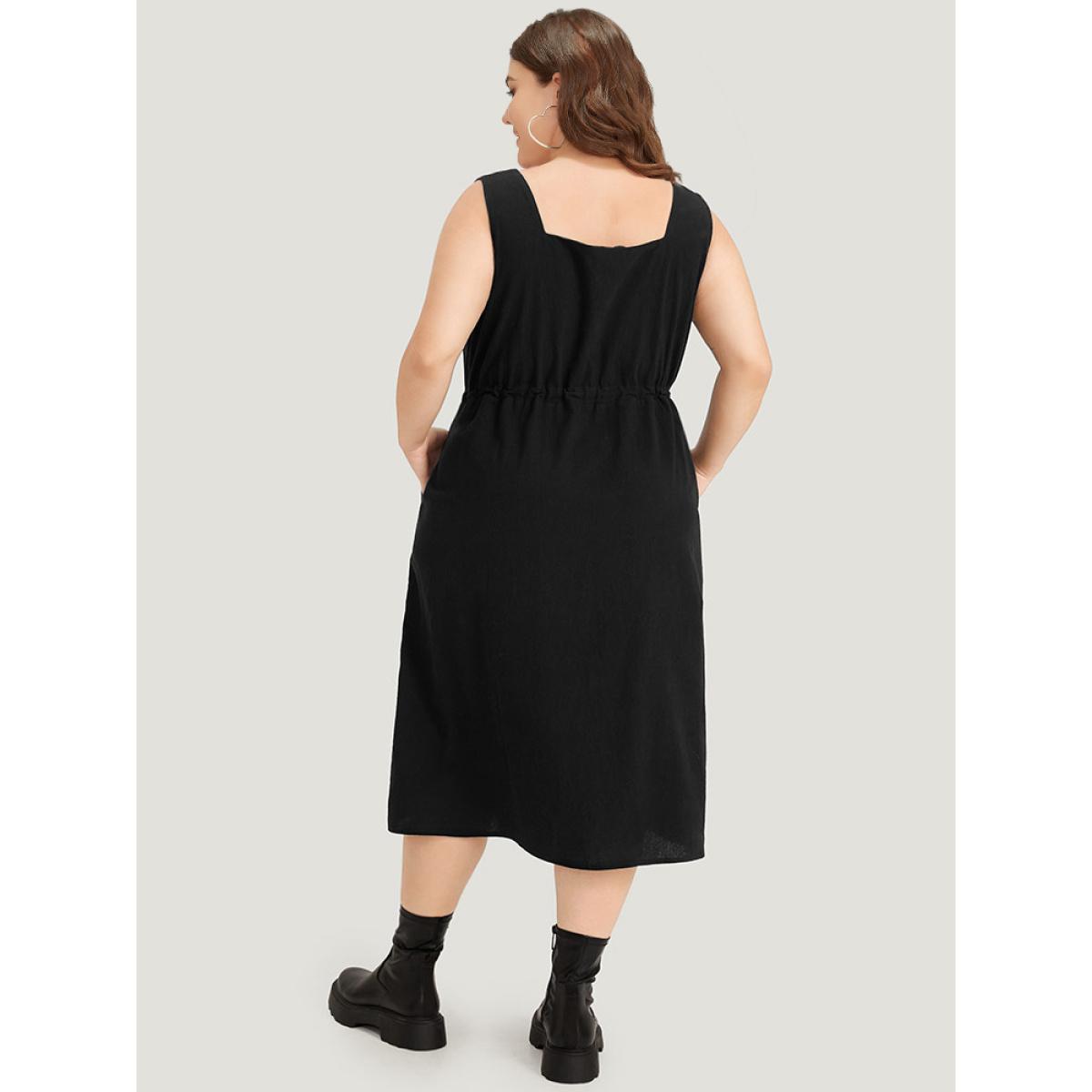 Plus Size Plain Pocket Drawstring Square Neck Tank Dress Black Women Casual Plain Square Neck Sleeveless Curvy Midi Dress BloomChic 22-24/3X Product Image