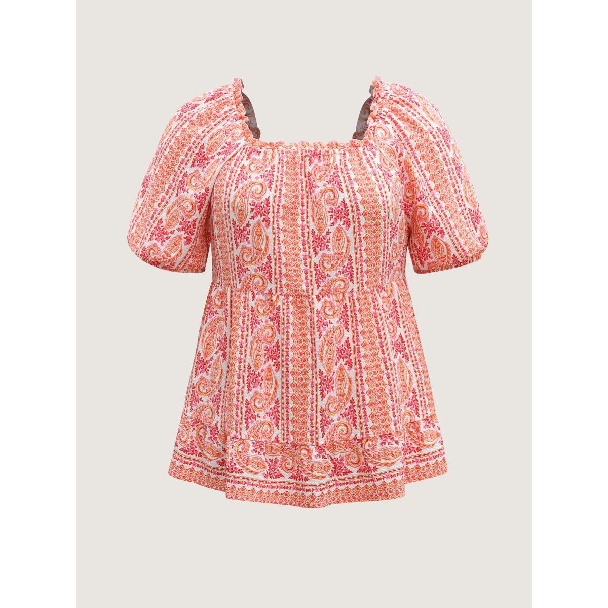 Plus Size WhiteSmoke Stripe Paisley Print Ruffled Neck Blouse Women Short sleeve Square Neck Elegant Blouses BloomChic 10/M Product Image