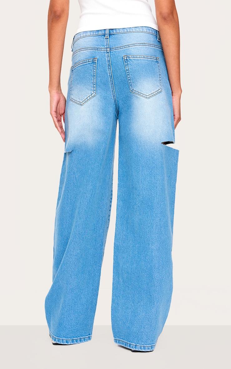 Mid Blue Wash Thigh Split Wide Leg Jeans Product Image