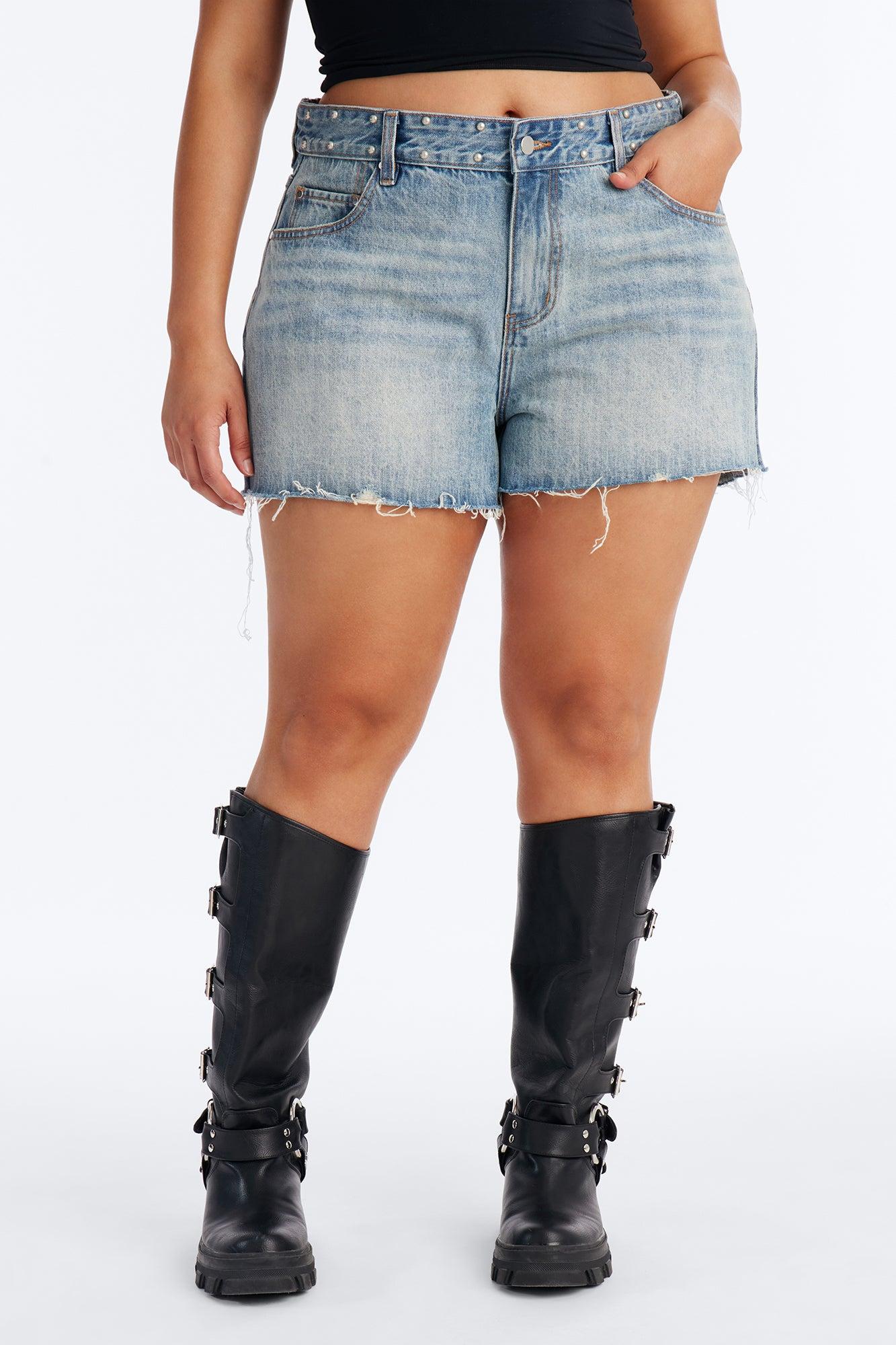 All Around Studded Cut Off Denim Shorts - Medium Wash Female Product Image