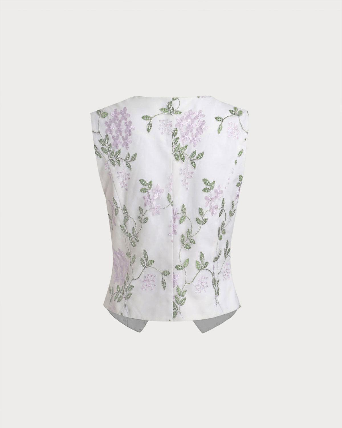 White Embroidery V Neck Button Vest Product Image