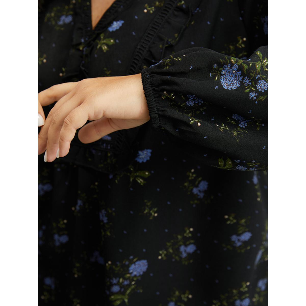 Plus Size Black Ditsy Floral Lantern Sleeve Frill Trim Blouse Women Elegant Long Sleeve V-neck Dailywear Blouses BloomChic 26/4X Product Image