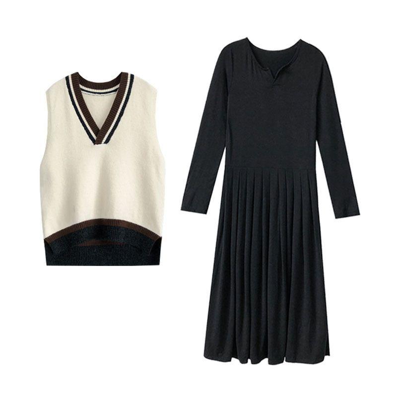 Maternity Set: V-Neck Sweater Vest + Long-Sleeve Maxi A-Line Dress Product Image