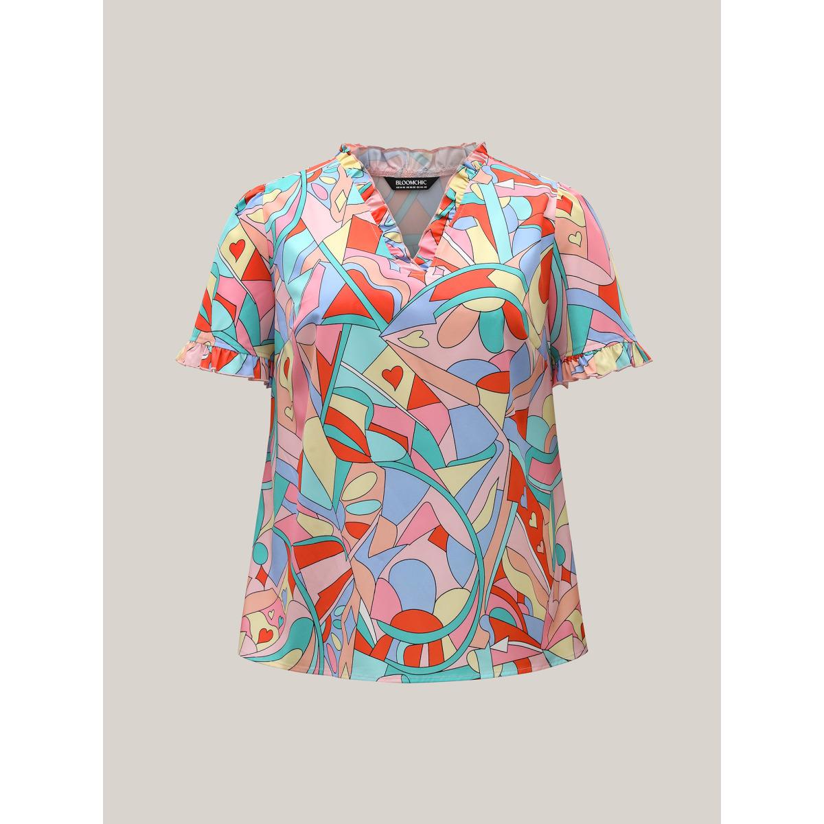 Plus Size Multicolor Abstract Pattern Petal Trim V-Neck Blouse Women Casual Short sleeve V-neck Everyday Blouses BloomChic 14-16/1X Product Image