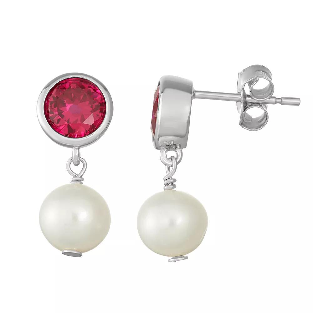 Sterling Silver Lab-Created Red Sapphire & Freshwater Cultured Pearl Drop Earrings, Women's Product Image