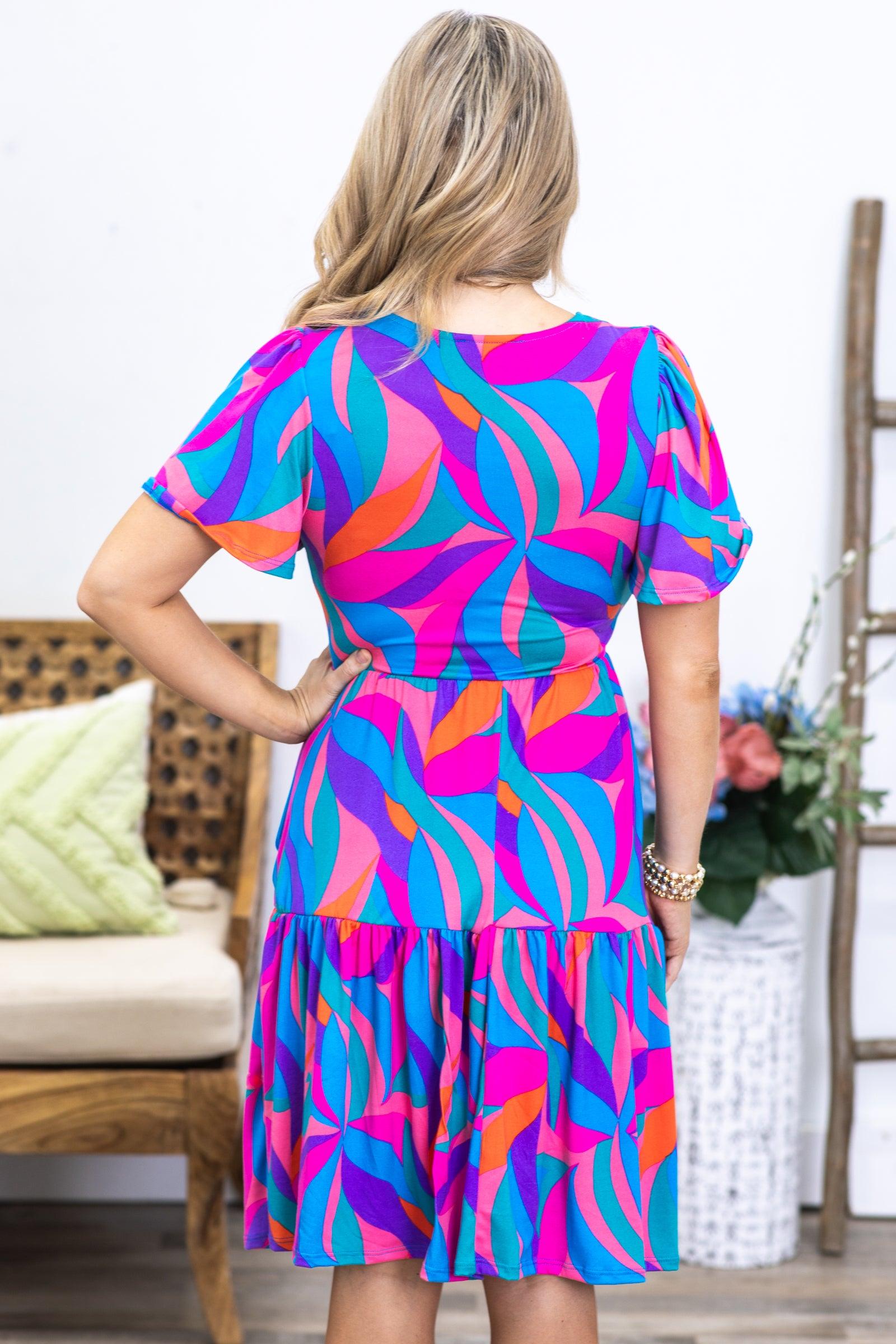 Blue and Fuchsia Geo Print Flare Midi Dress Product Image