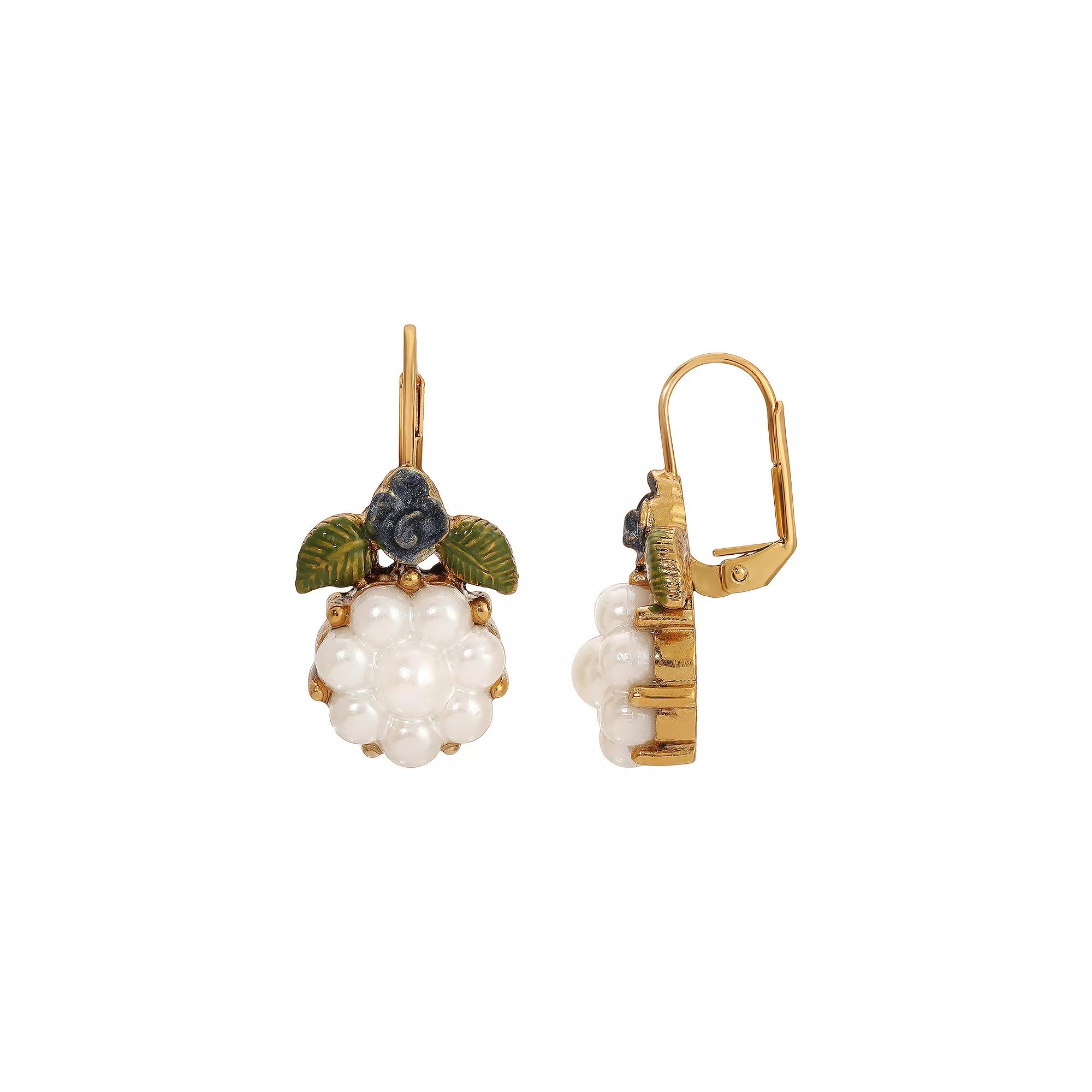 1928 Gold Tone Faux Pearl Enamel Flower Leverback Earrings, Women's, Blue Product Image