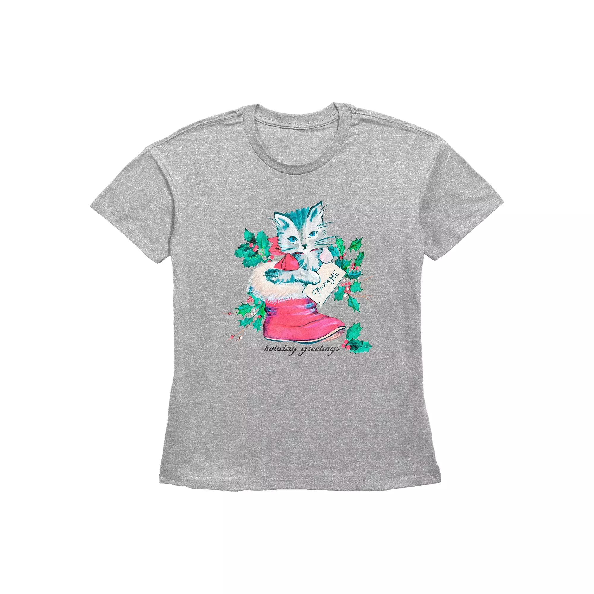 Women's Holiday Greetings Christmas Kitty Stocking Stuffer Graphic Tee,  Product Image