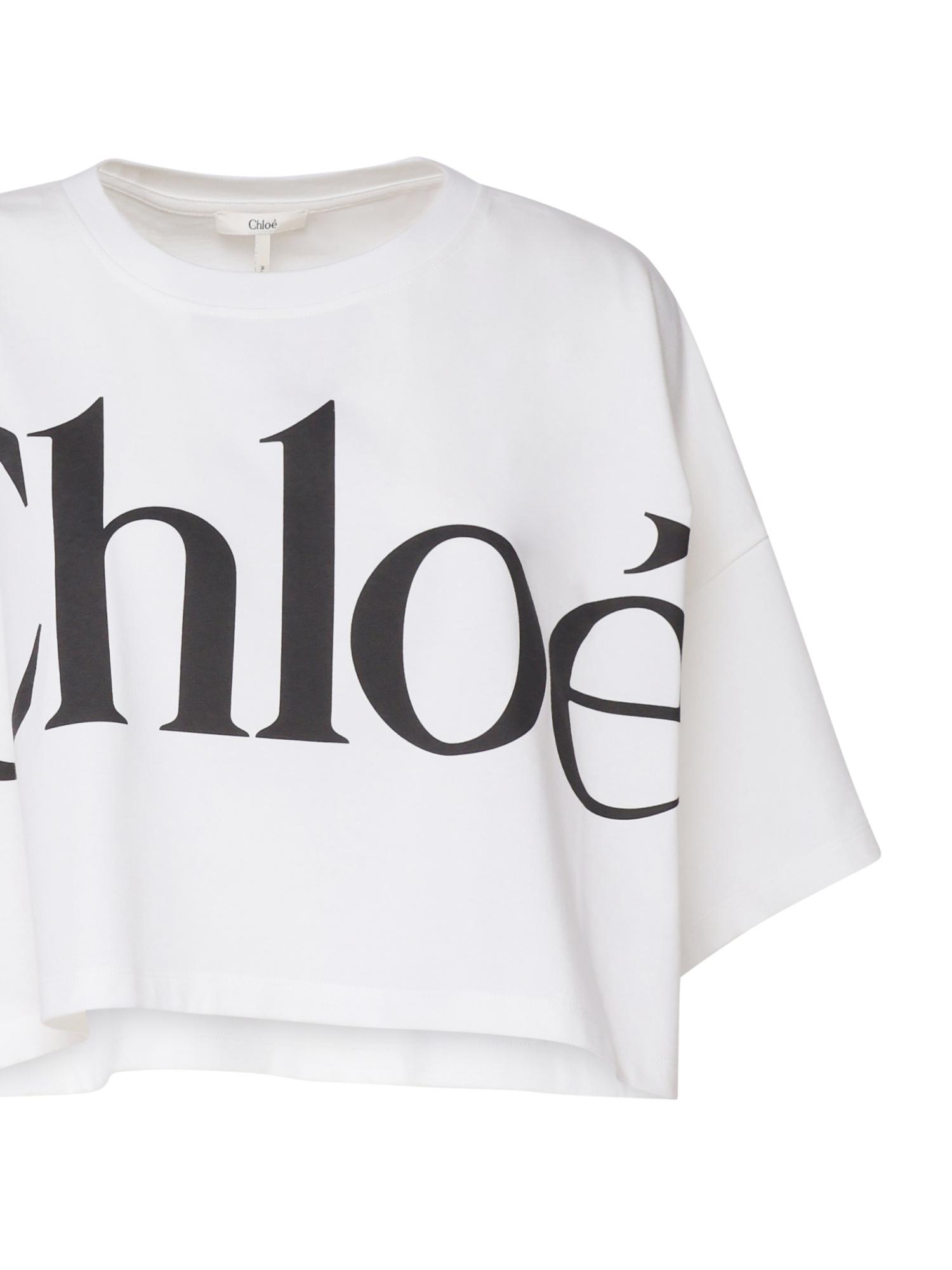 CHLOÉ White Cropped Crewneck T-shirt With Maxi Logo Print On The Front In Cotton Woman In Multicolor Product Image