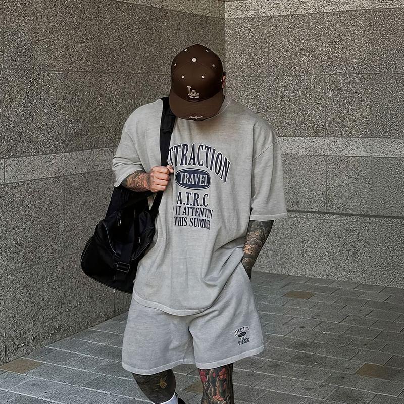 Elbow-Sleeve Crew Neck Lettering Print T-Shirt / Drawstring Waist Wide Leg Sweat Shorts Product Image