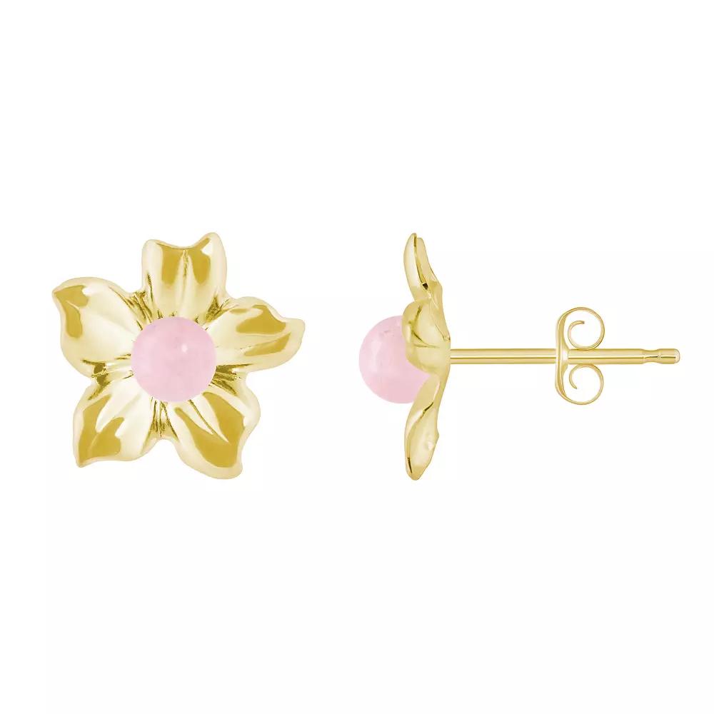 Celebration Gems 10k Gold Sphere Gemstone Hibiscus Flower Stud Earrings, Women's, Pink Quartz Product Image