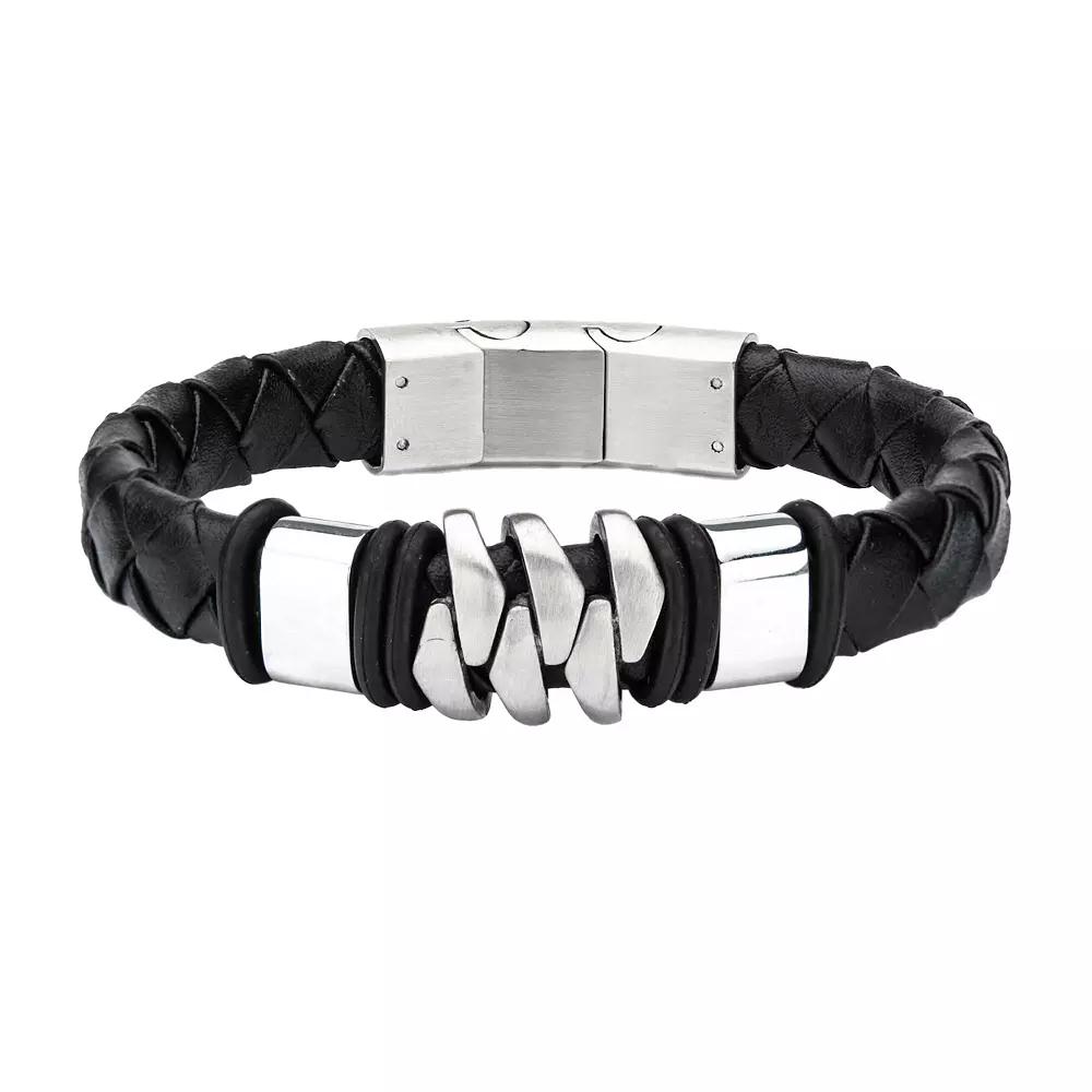 Men's Stainless Steel Matte Black Leather Bracelet, Size: 8.25", Multi Product Image