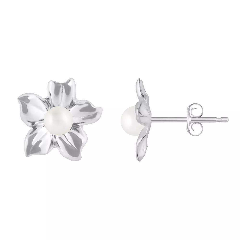 Celebration Gems 10k White Gold Sphere Gemstone Hibiscus Flower Stud Earrings, Women's, Freshwater White Product Image