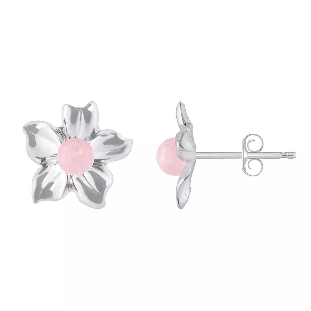 Celebration Gems 10k White Gold Sphere Gemstone Hibiscus Flower Stud Earrings, Women's, Pink Quartz Product Image