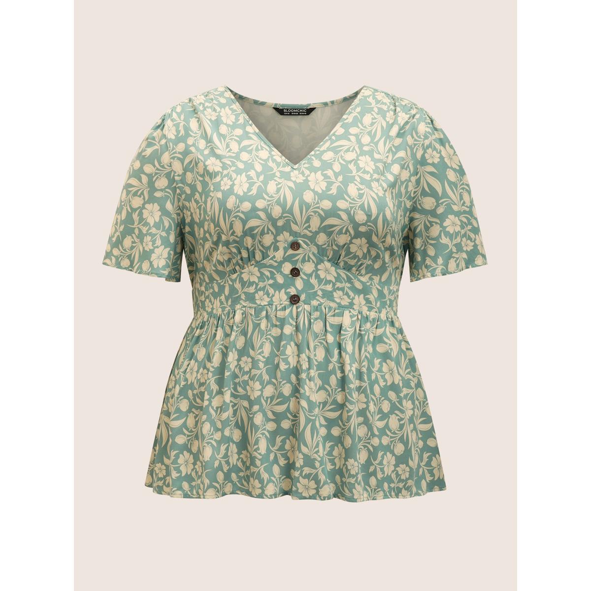 Plus Size Turquoise Floral Gathered Button Detail Flutter Sleeve Blouse Women Resort Short sleeve V-neck Vacation Blouses BloomChic 14-16/1X Product Image