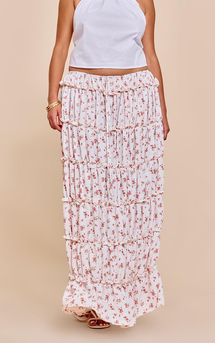 Plus Pink Ditsy Floral Print Tiered Maxi Skirt Product Image