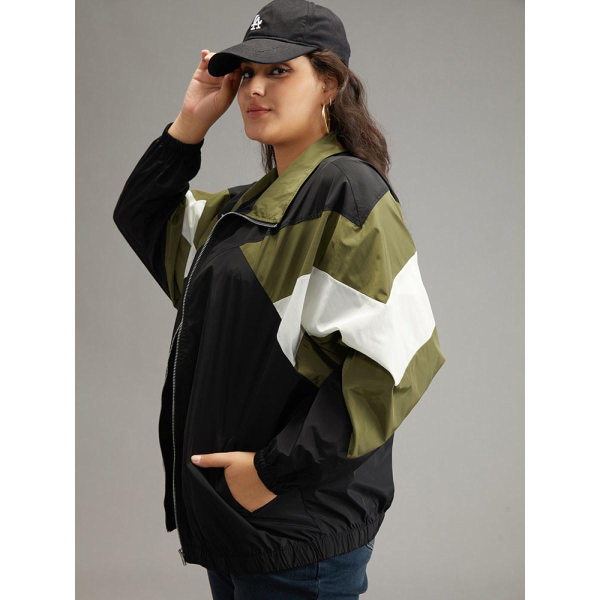 Plus Size Colorblock Patchwork Pocket Zipper Windbreaker Women Multicolor Contrast Pocket Everyday Jackets BloomChic 22-24/3X Product Image