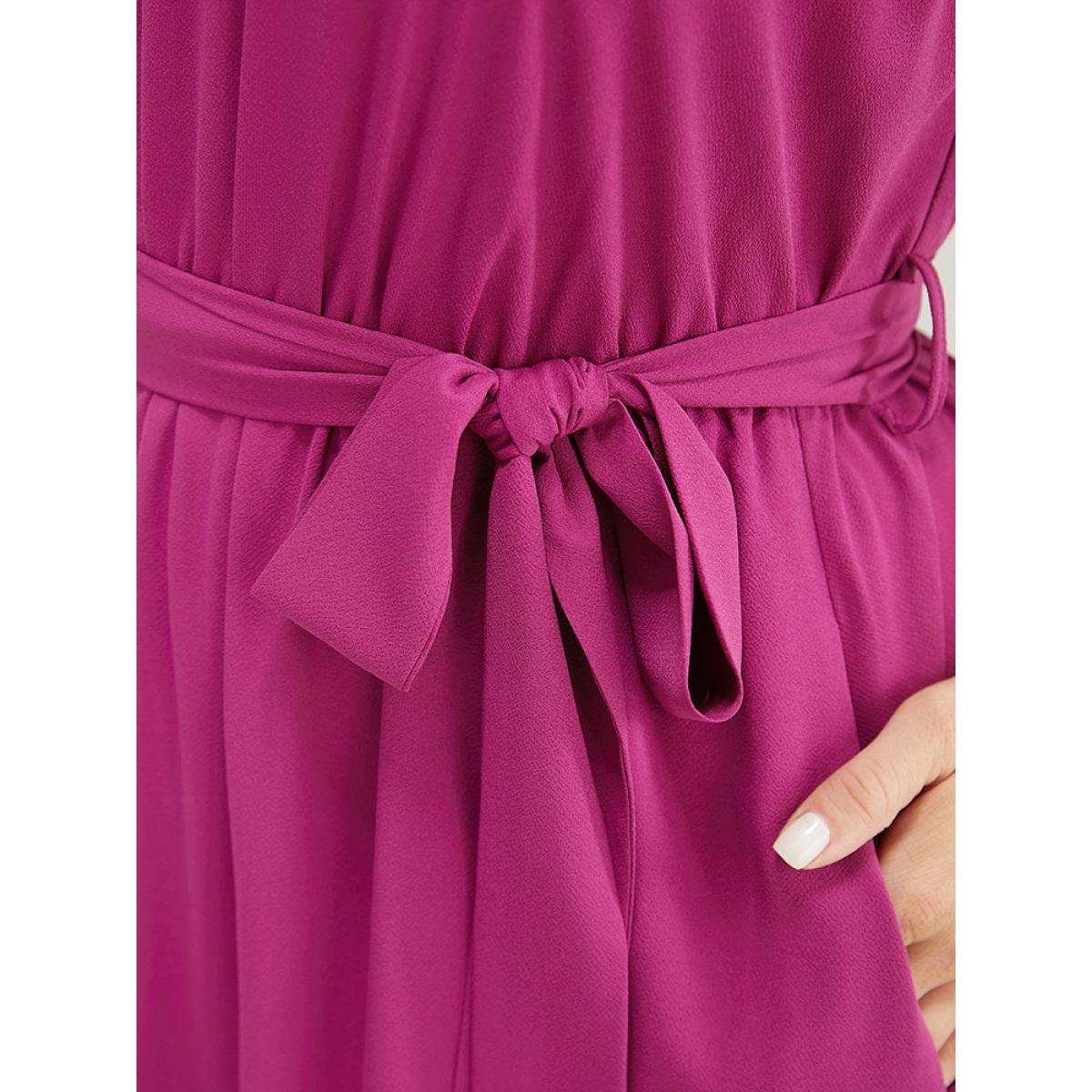 Plus Size Plain Notched Shirred Frill Trim Pocket Belted Dress RedViolet Women Office Gathered Notched collar Short sleeve Curvy Midi Dress BloomChic 12/L Product Image