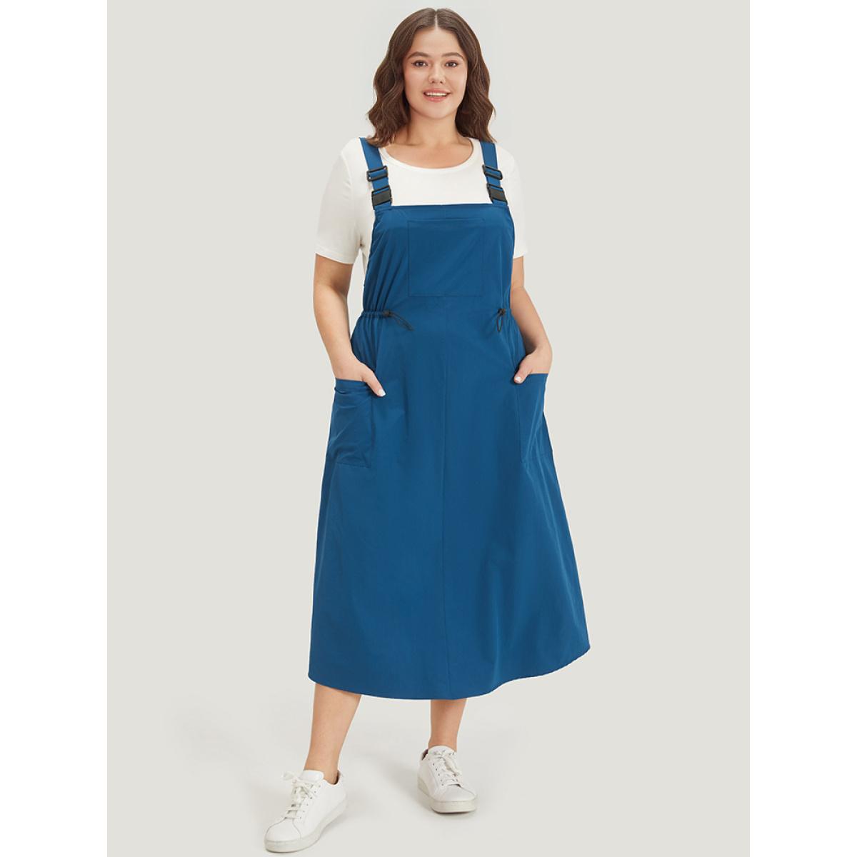 Plus Size Solid Drawstring Flap Pocket Overall Cami Dress Aegean Women Casual Adjustable Straps Spaghetti Strap Sleeveless Curvy Midi Dress BloomChic 10/M Product Image