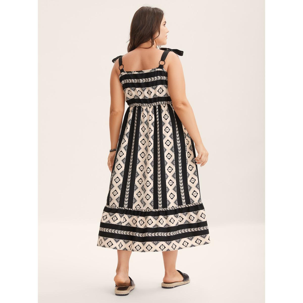 Plus Size Boho Stripes Bow Pockets Midi Dress BlackFlower Women Non Sleeveless Curvy BloomChic 10/M Product Image