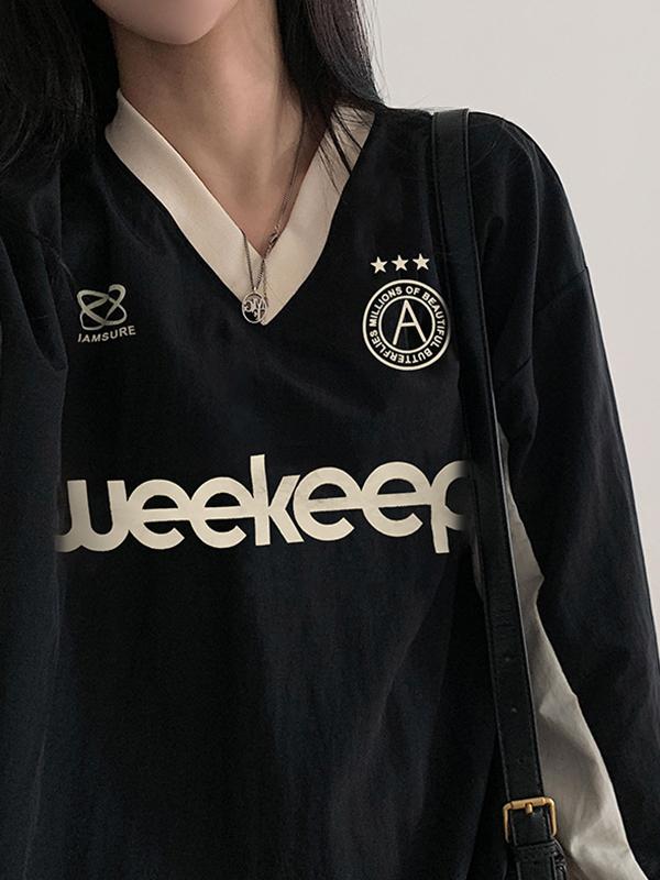 Preppy Contrast Color Letter Print V Neck Sweatshirt Product Image