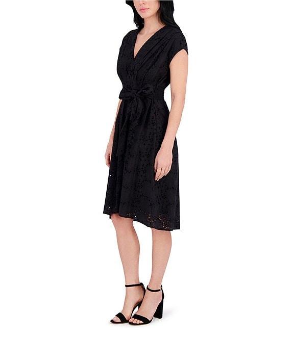 Kensie Solid Embroidered Lace V-Neck Cap Sleeve Belted A-Line Dress Product Image