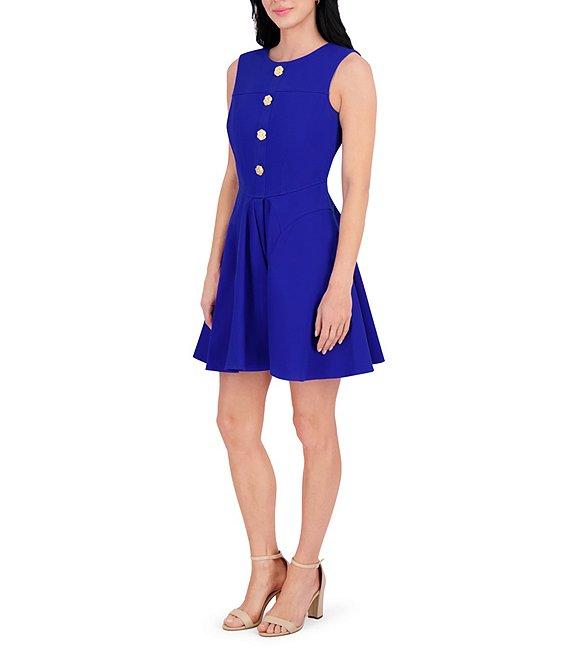 Kensie Round Neck Sleeveless Floral Hardware Stretch Denim A-Line Mini Dress Product Image