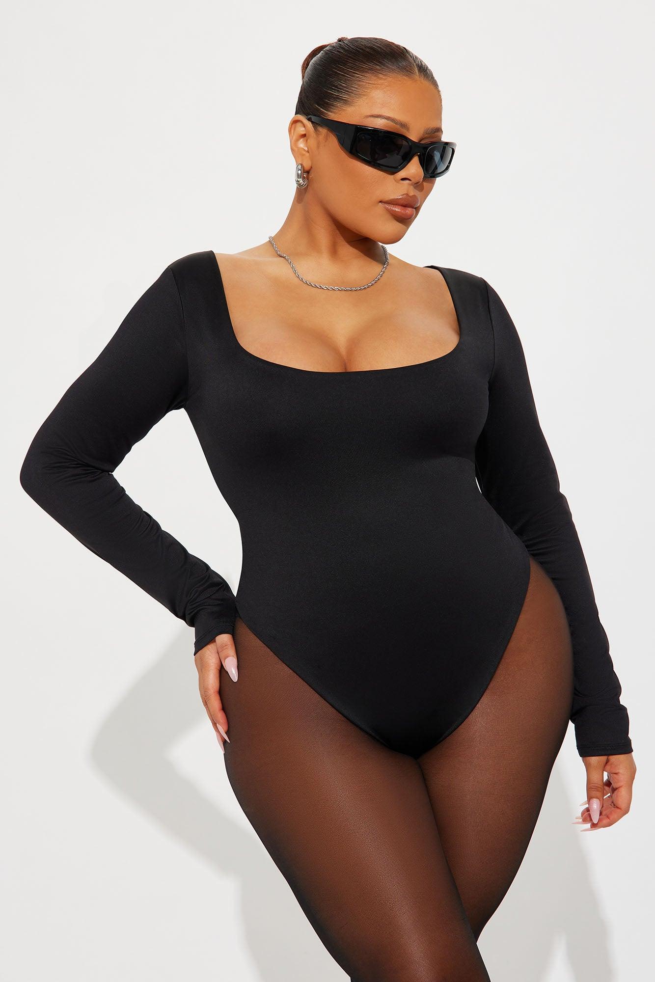 Contour Double Lined Long Sleeve Wide Scoop Neck Bodysuit - Black Female Product Image