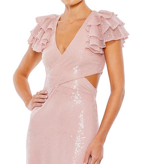 Mac Duggal V-Neck Ruffle Cap Sleeve Cut-Out Open Strappy Corset Back Gown Product Image