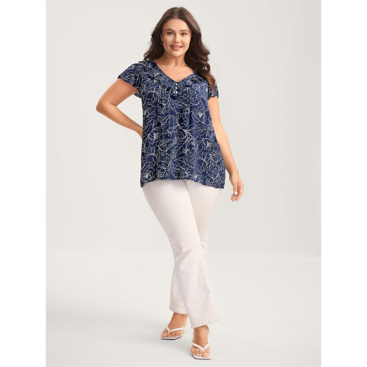 Plus Size DarkBlue Floral Abstract Print Ruffled Blouse Women Timeless Short sleeve V-neck Elegant Blouses BloomChic 30/6X Product Image