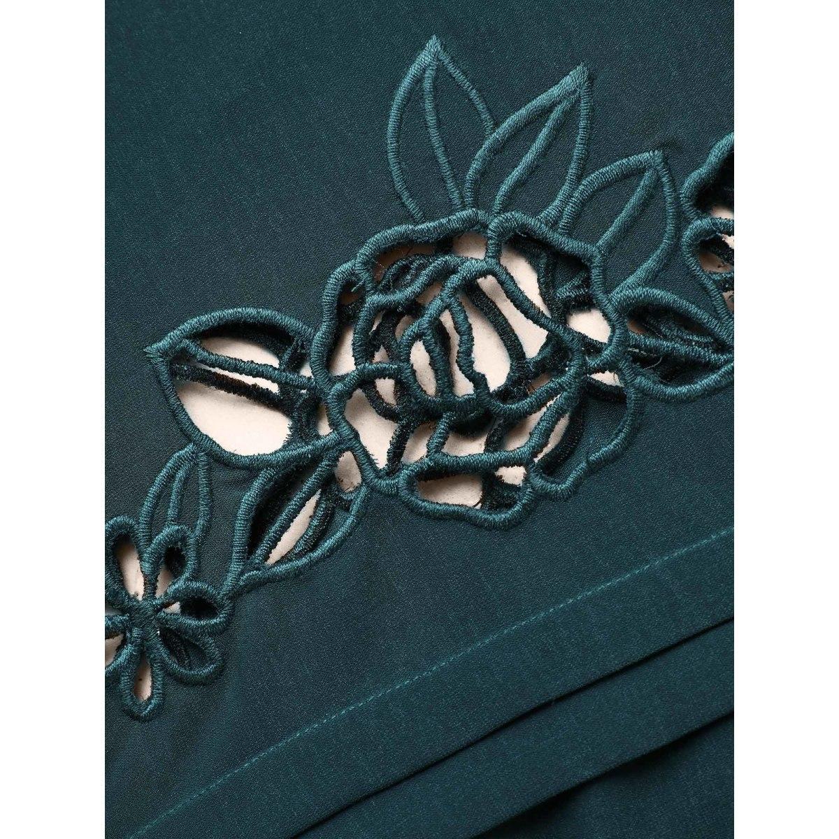 Plus Size DarkGreen Broderie Anglaise Gathered Tie Knot Blouse Women Elegant Elbow-length sleeve V-neck Everyday Blouses BloomChic 18-20/2X Product Image