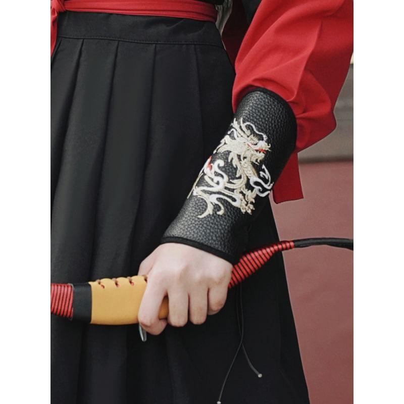 Traditional Chinese Long-Sleeve Embroidered Wrap Top / Short-Sleeve Light Jacket / Head Scarf / High Waist Maxi A-Line Skirt / Wrist Cuff / Set Product Image
