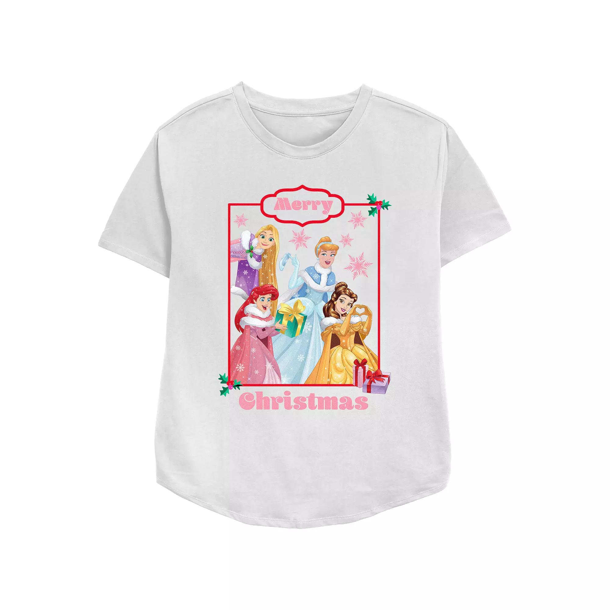 Disney Princess Rapunzel, Cinderella, Ariel & Belle Merry Christmas Women's Relaxed Fit Graphic Tee,  Product Image