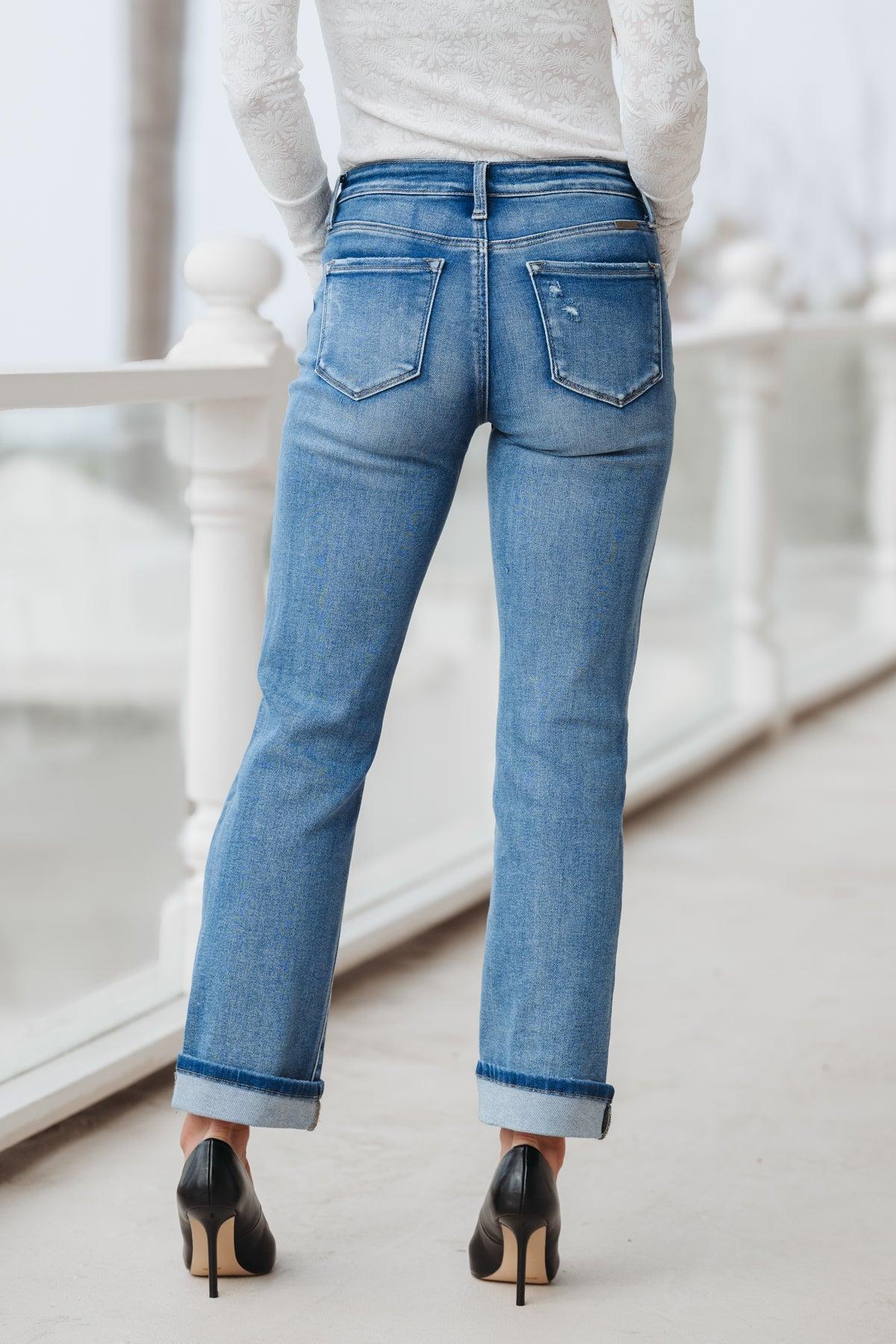 True Medium Wash Distressed Straight Leg Jeans Product Image