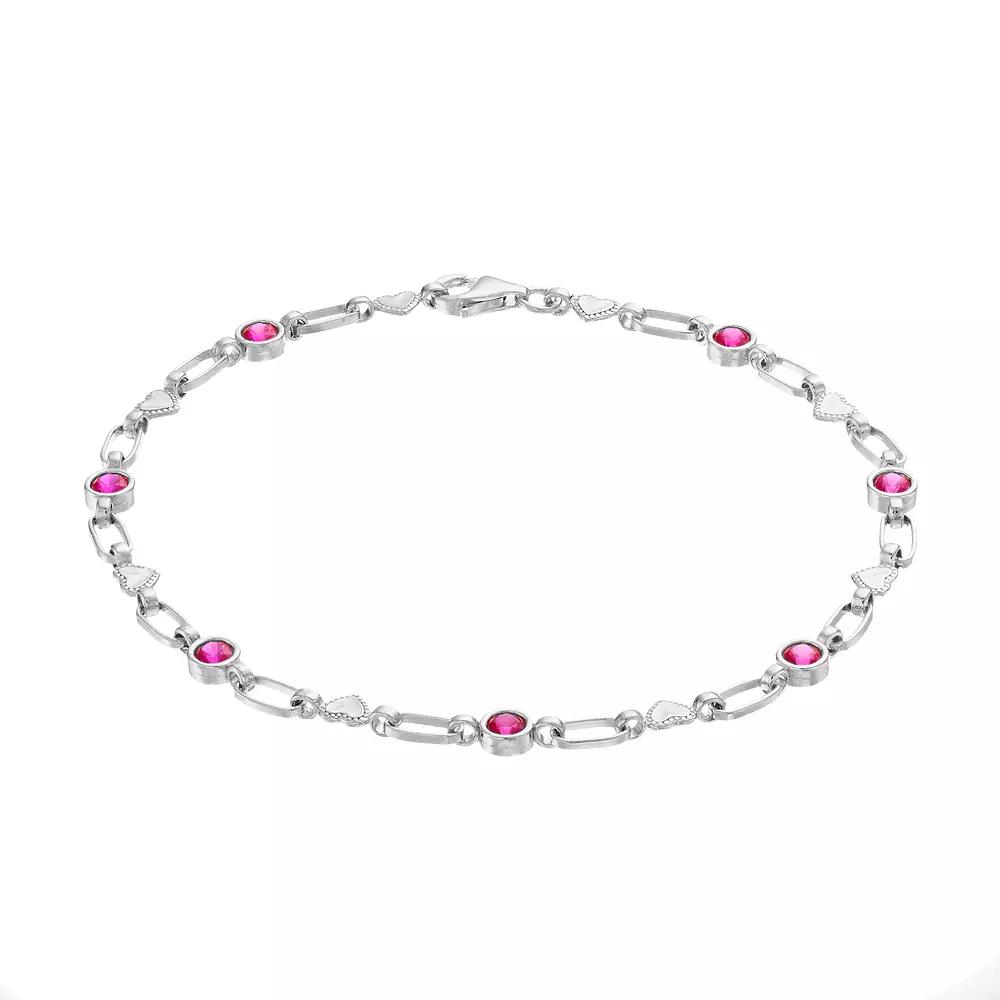 Kristen Kesho Sterling Silver Lab-Created Ruby Heart Link Bracelet, Women's, Size: 7.5" Product Image