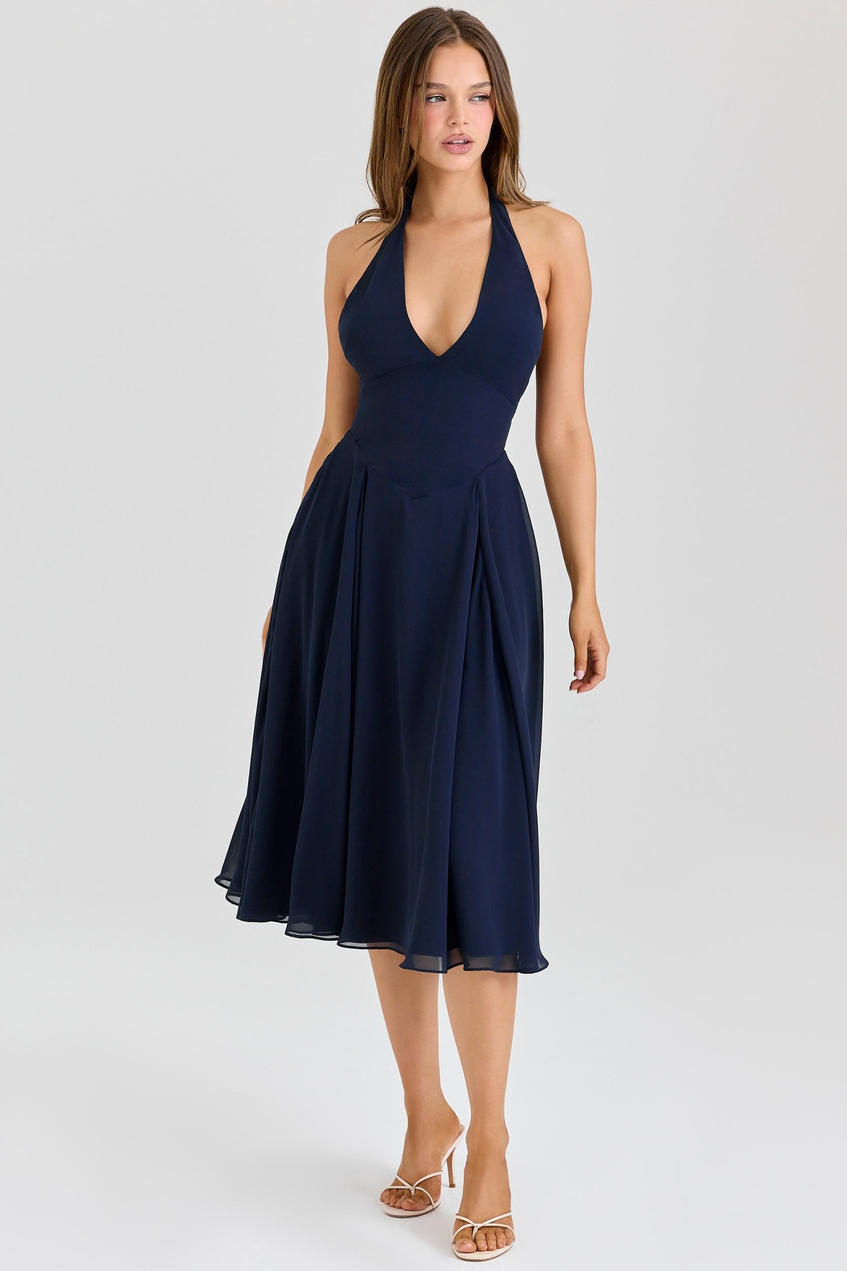 Solada  navy georgette halter midi dress Product Image