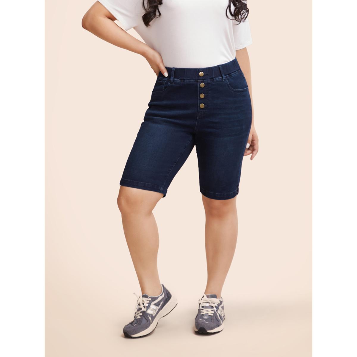 Plus Size High Stretch Elastic Waist Split Side Jeans Women Denimindigo Button High stretch Everyday Slanted pocket Casual Denim Shorts BloomChic 20/2X Product Image