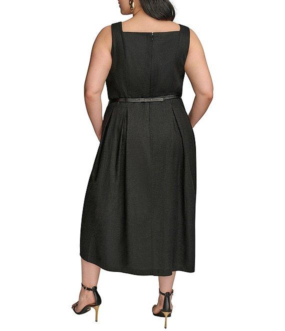 Donna Karan Plus Size Square Neck Sleeveless A-Line Belted Midi Dress Product Image