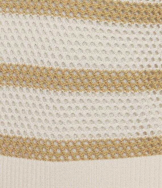 Le' AL.X Stripe Knit Wide Mesh Polo Collar V-Neck Short Rugby Top Product Image