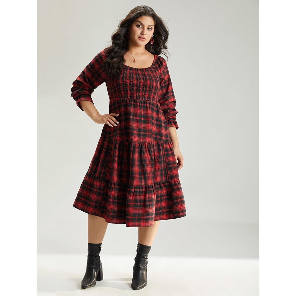 Plus Size Plaid Shirred Pocket Ruffle Trim Midi Dress Raspberry Women Elegant Gathered Square Neck Long Sleeve Curvy Midi Dress BloomChic 14-16/1X Product Image