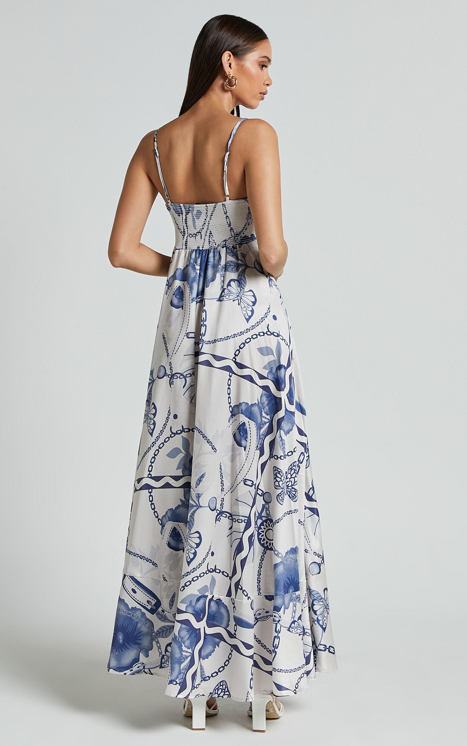Yasmine Midi Dress - Straight Neck Sleeveless A Line Dress in Blue and White Porcelain Print Product Image
