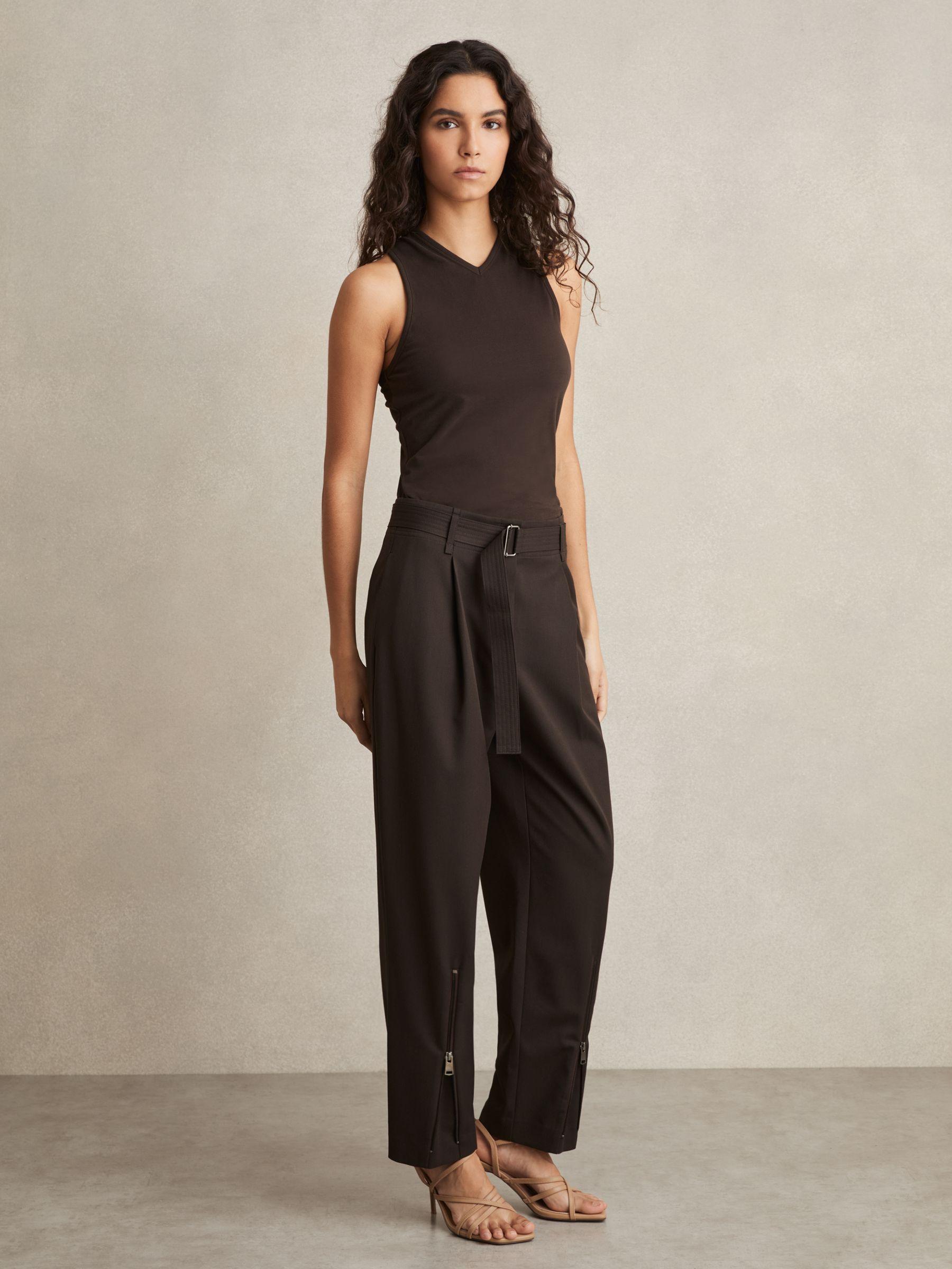 Belted Zip-Leg Tapered Trousers in Chocolate Brown Product Image
