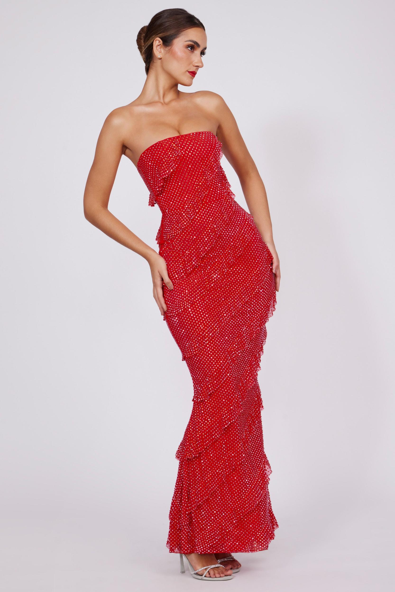 Embellished Strapless Ruffle Maxi Dress in Fire Red Product Image