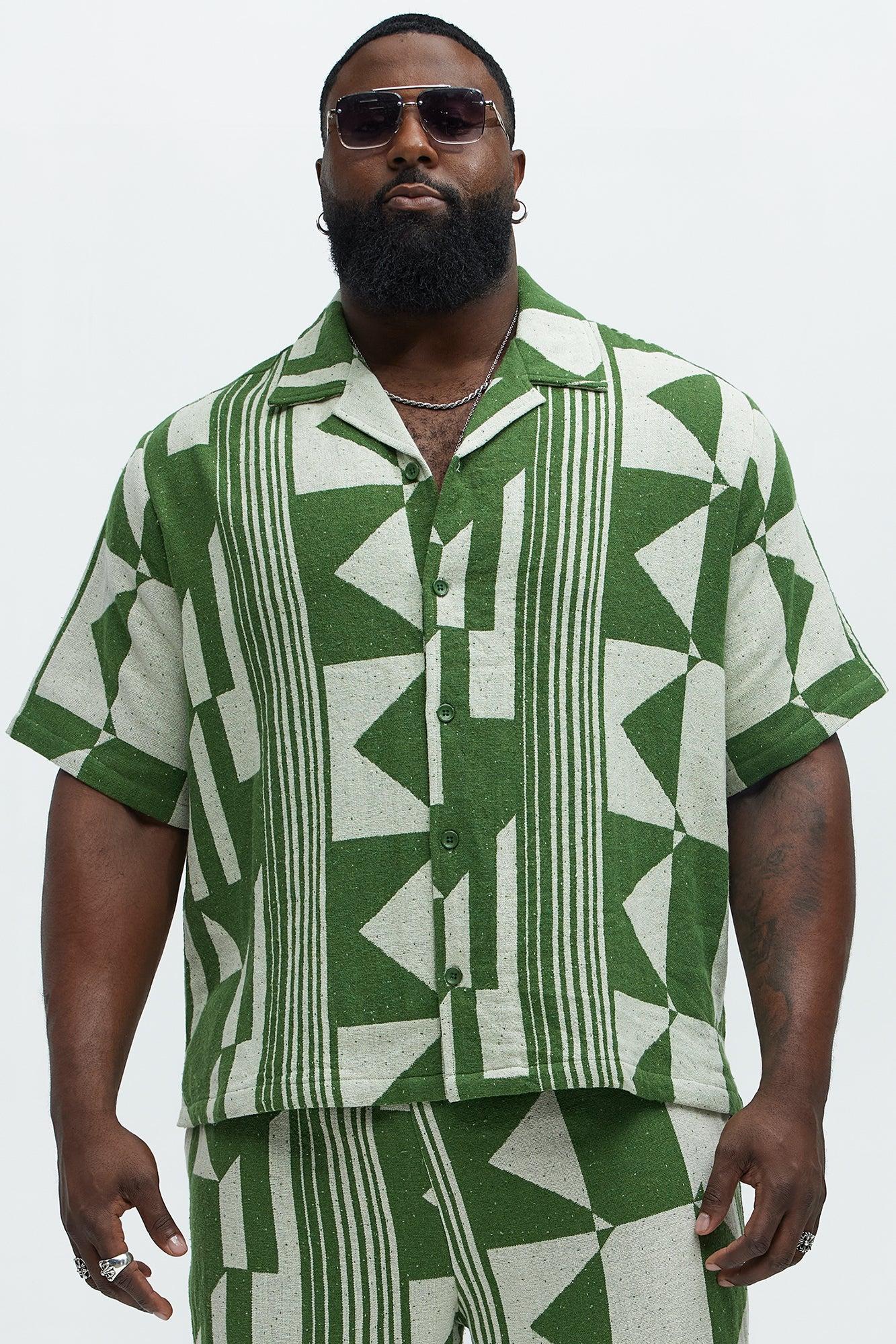 Abstract Cuban Collar Button Down Shirt - Olive/combo Product Image