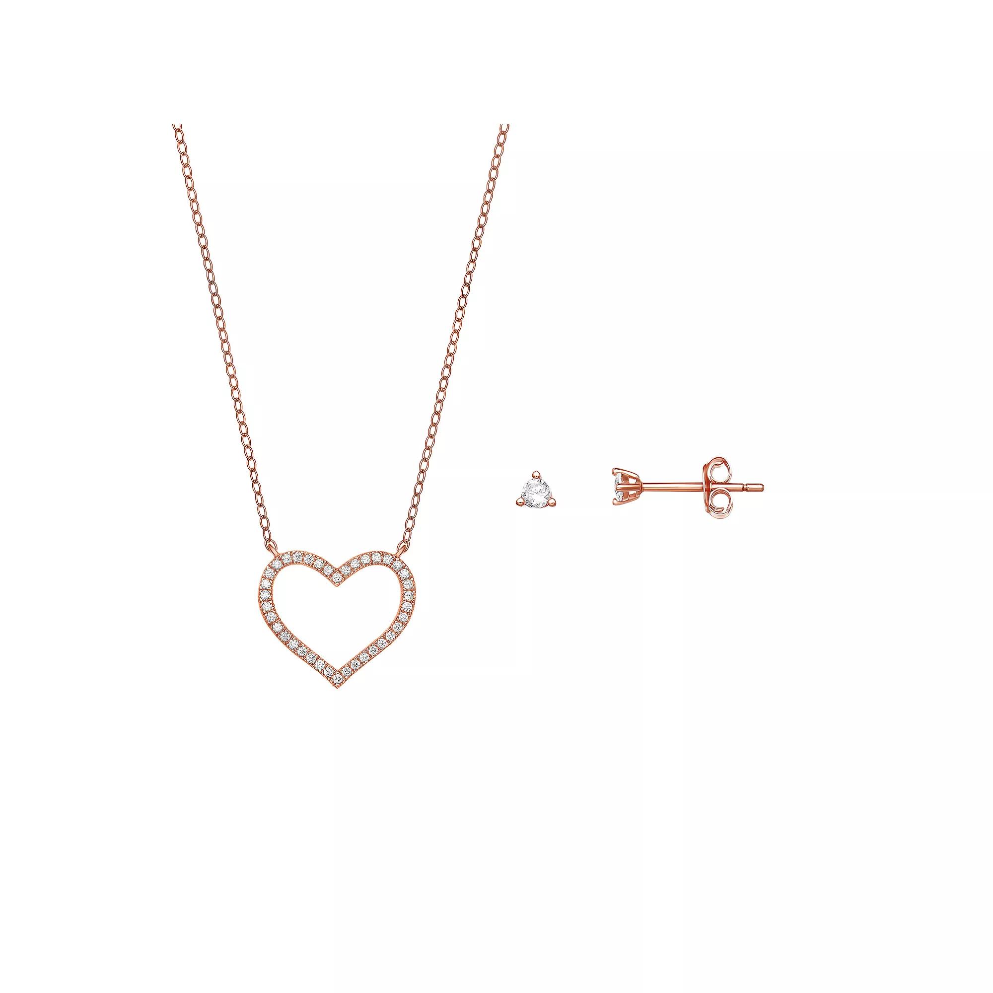 PRIMROSE 18k Gold Over Silver Cubic Zirconia Open Heart Necklace & Stud Earring Set, Women's, Rose Gold Tone Product Image